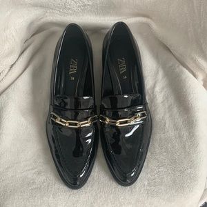 Zara Chain Detail Black Patent Leather Loafers